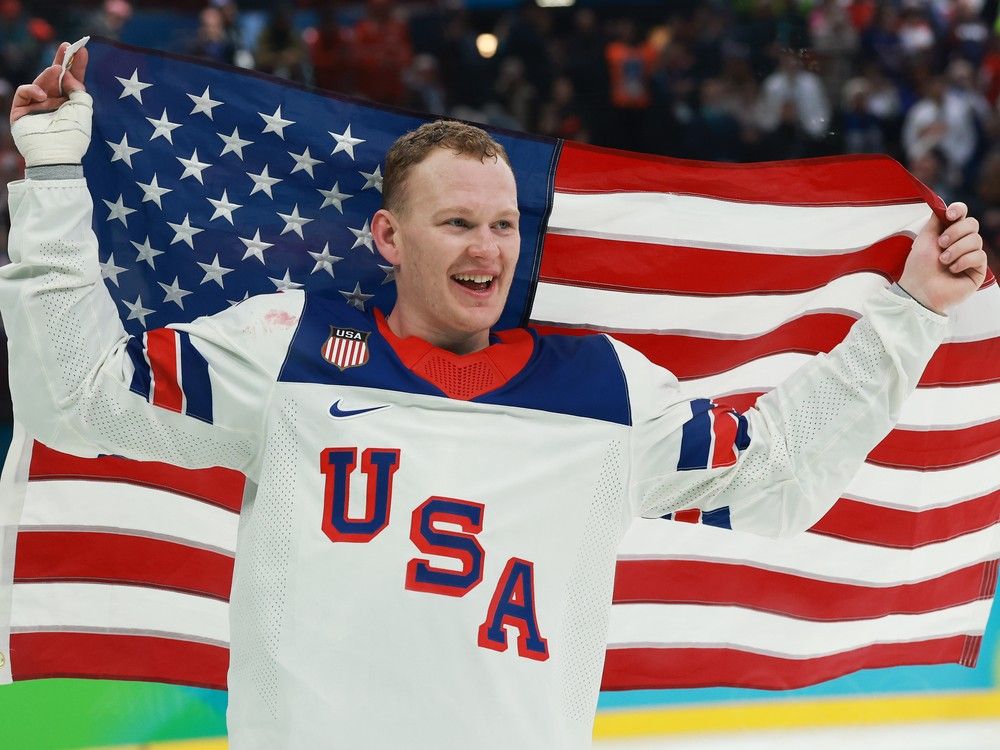 Brady Tkachuk of Team USA celebrates a 2-1 overtime victory against Canada