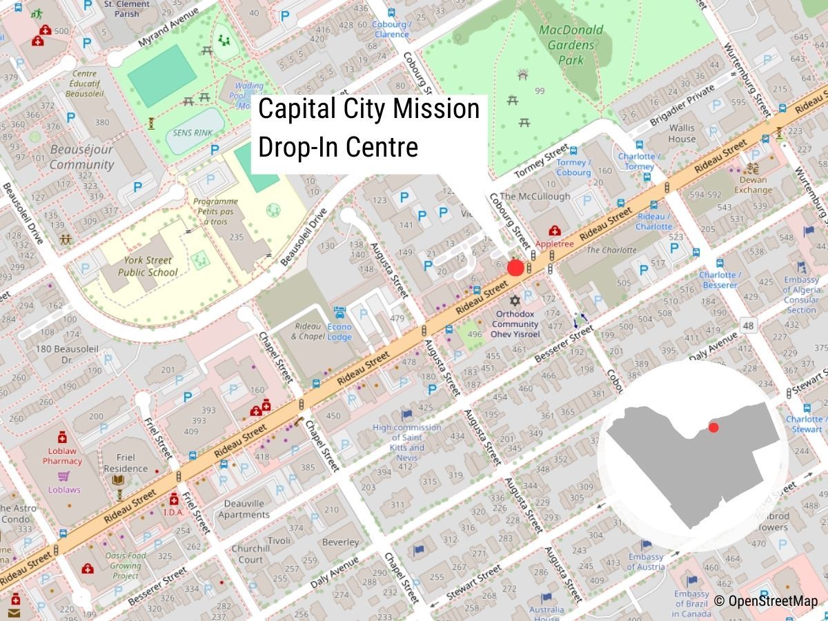 Map locates the Capital City Mission’s drop-in centre on Rideau Street. Map locates the Capital City Mission’s drop-in centre on Rideau Street.