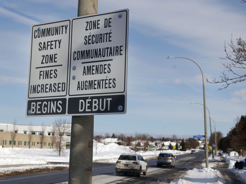  Community Safety Zone sign on Bridgestone Drive in Ottawa Thursday. TONY CALDWELL, Postmedia.