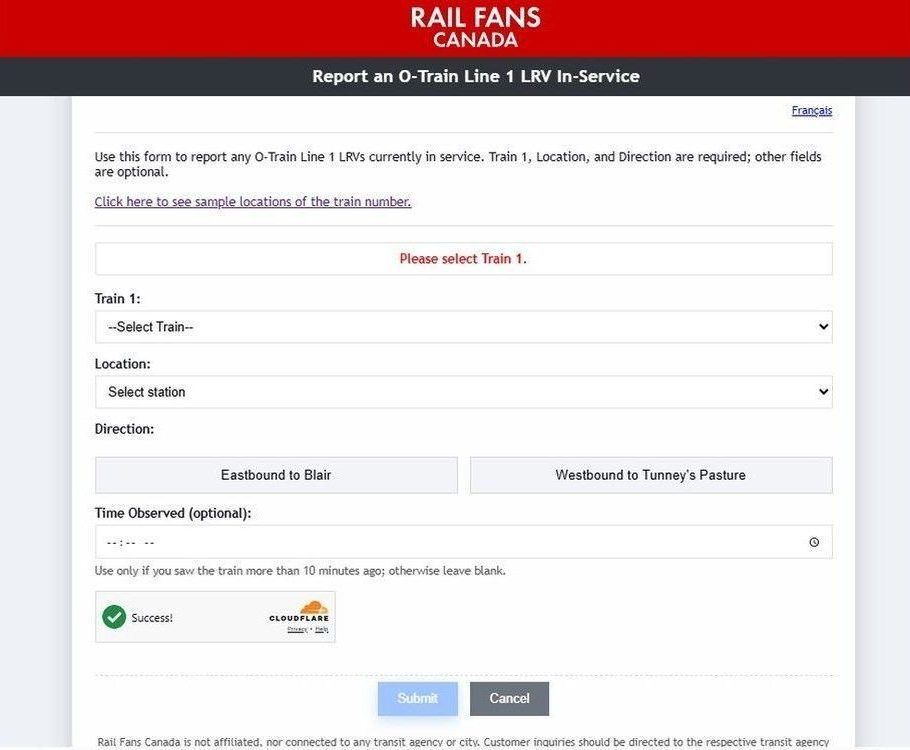 Rail Fans Canada O-Train tracking tool.