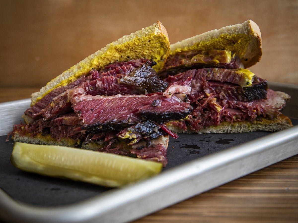 Around the Block Butcher and Market’s jumbo smoked meat sandwich. Around the Block Butcher and Market’s jumbo smoked meat sandwich.