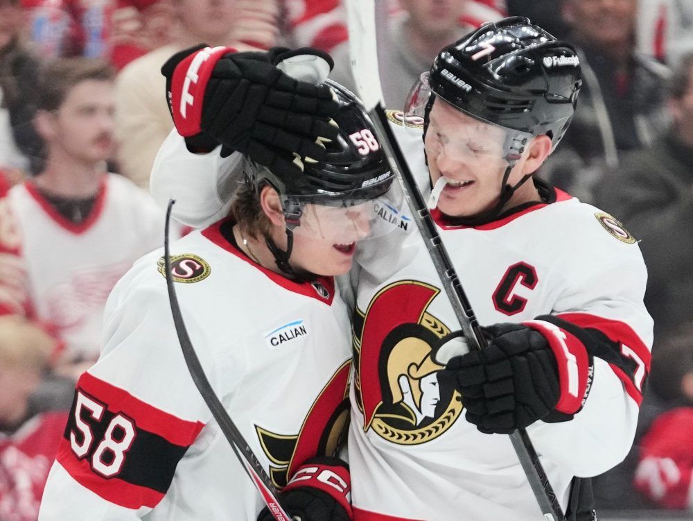  Ottawa Senators forward Brady Tkachuk (right) celebrates his first-period goal with teammate Carter Yakemchuk.