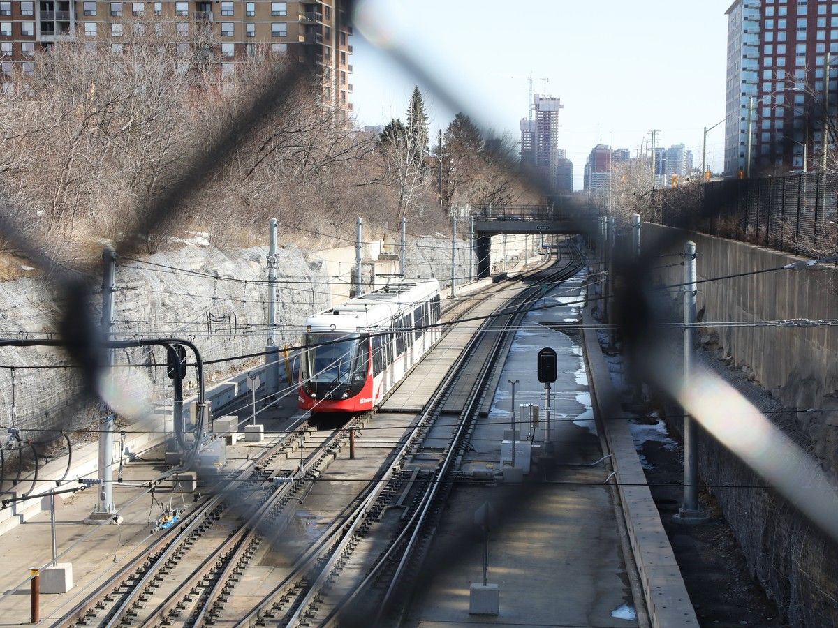  A train arrives at the LRT Line 1 Tunney&rsquo;s Pasture station in Ottawa earlier this month.