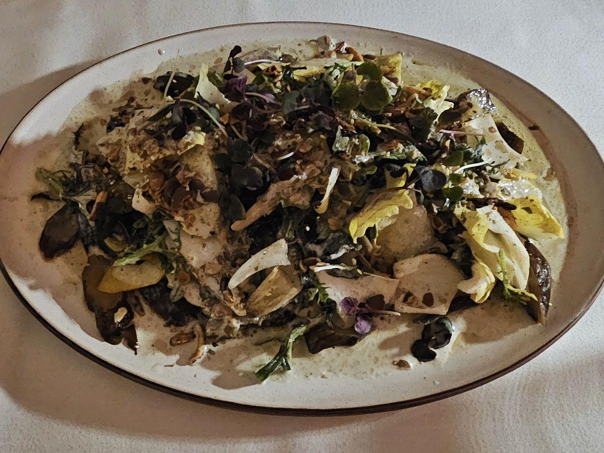  Mustard greens, creamy sunchoke, puffed amaranth and shiso came in a salad.