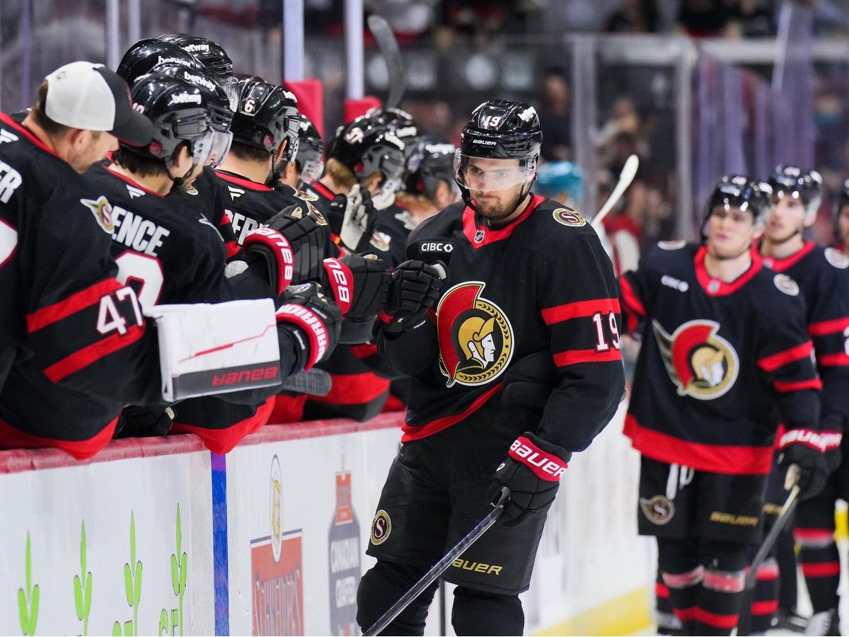 Drake Batherson of the Ottawa Senators celebrates a goal with teammates in a game against the San Jose Sharks at the Canadian Tire Centre on March 15, 2026.