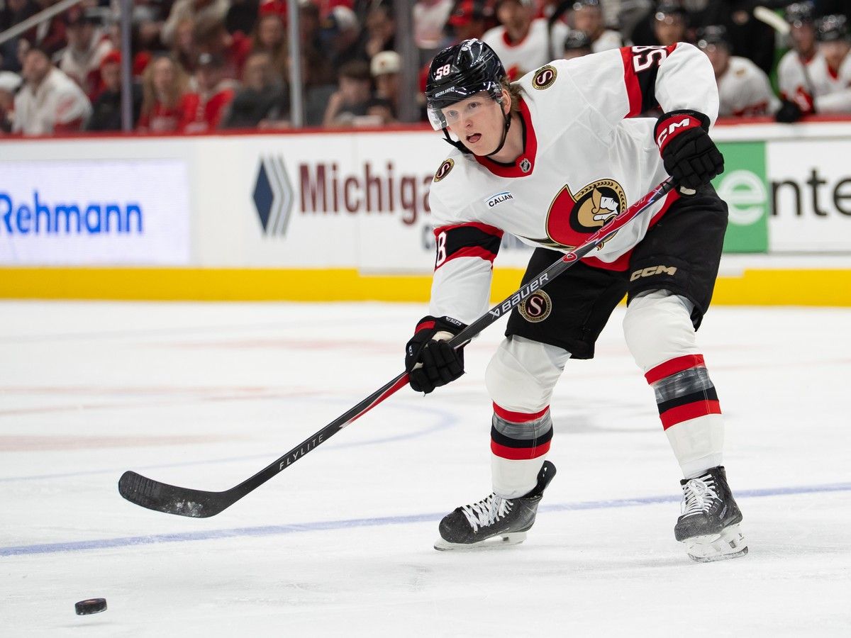 Carter Yakemchuk of the Ottawa Senators passes the puck