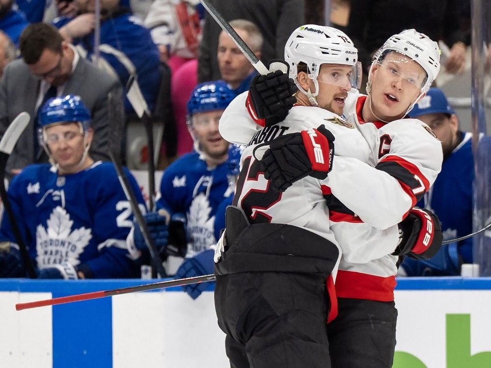 Senators' Cozens, Batherson each score twice in dominant win over Maple Leafs