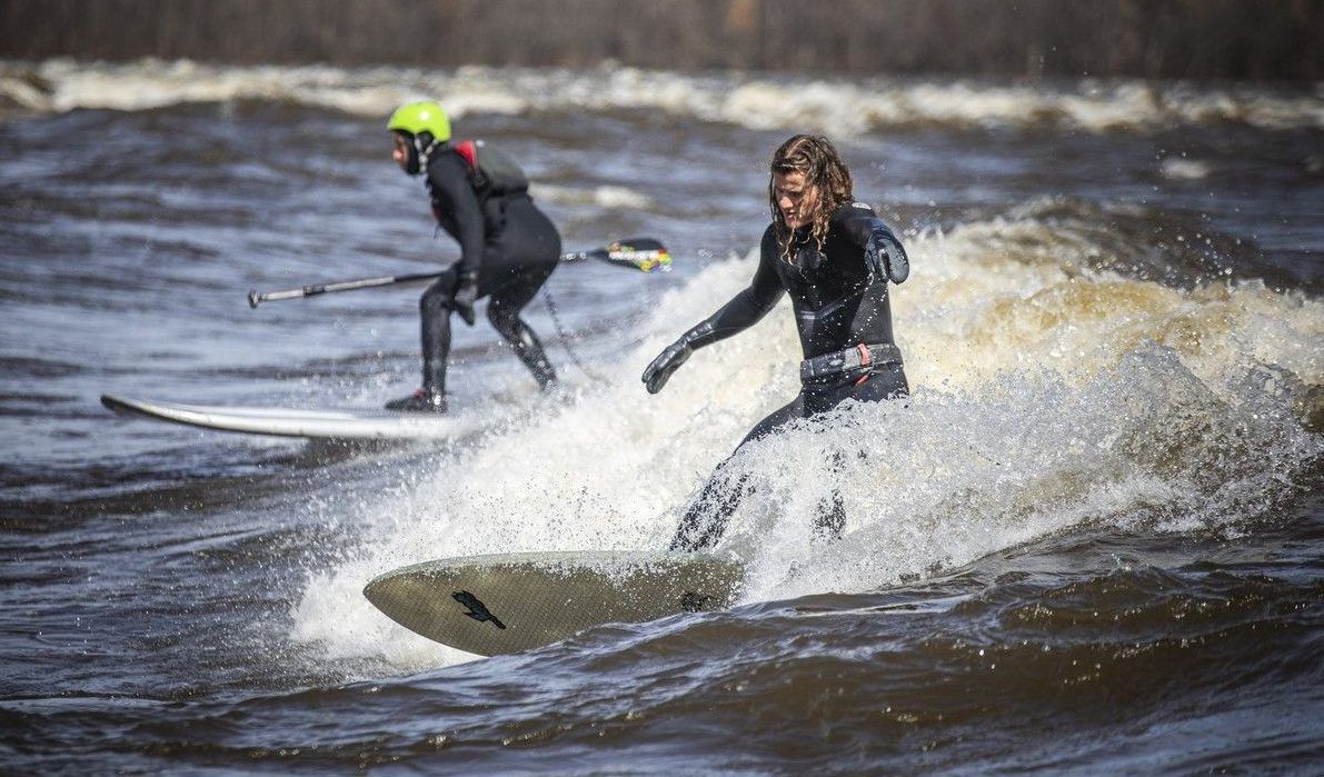  Sacha Parent was one of a handful of surfers out enjoying the wave at Bate Island Saturday, April 18, 2026. High spring runoff on the Ottawa River has created the annual freestanding wave at Bate Island, where experienced, properly equipped river surfers took advantage of the fast, frigid conditions to ride a fleeting seasonal swell only seen during a specific water level.