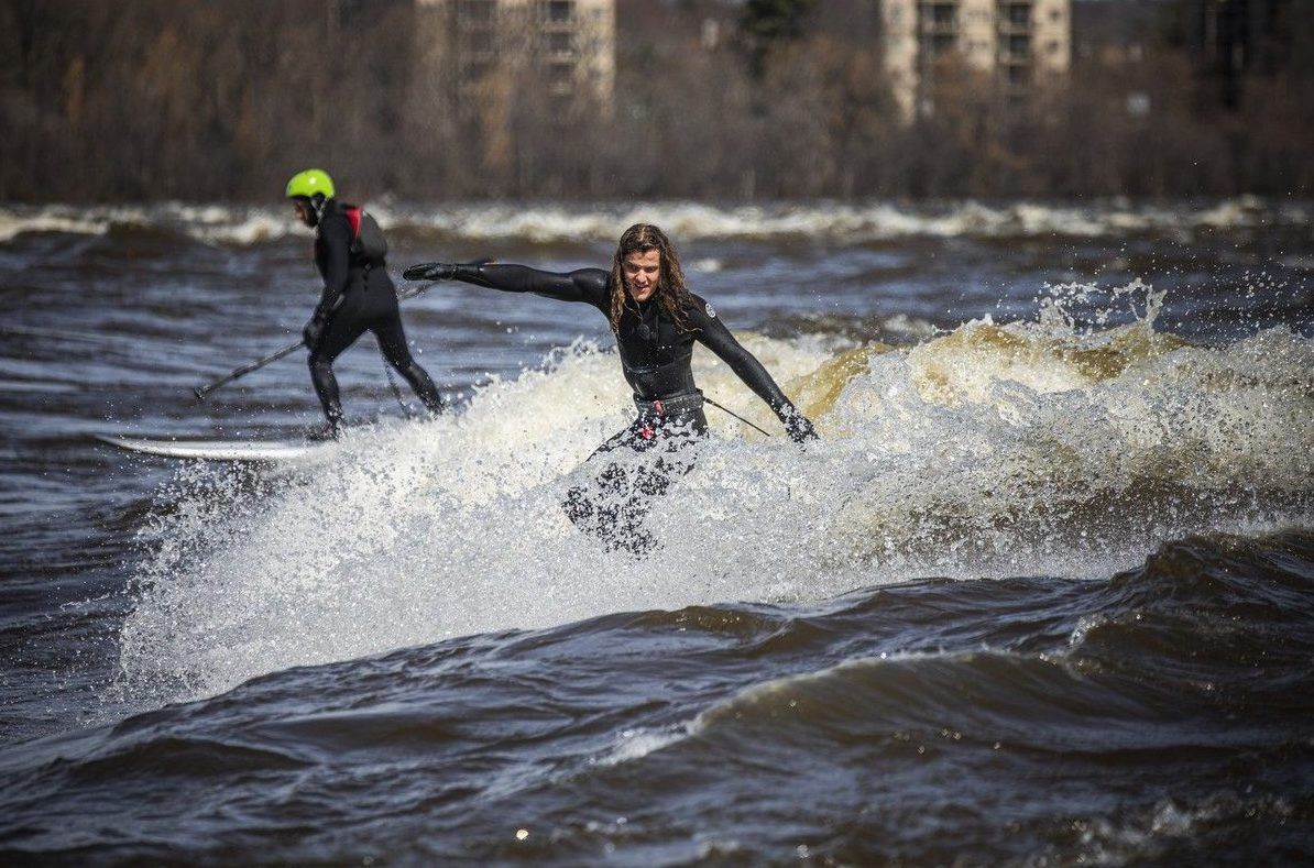  Sacha Parent was one of a handful of surfers out enjoying the wave at Bate Island Saturday, April 18, 2026. High spring runoff on the Ottawa River has created the annual freestanding wave at Bate Island, where experienced, properly equipped river surfers took advantage of the fast, frigid conditions to ride a fleeting seasonal swell only seen during a specific water level.