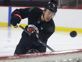 Ottawa Senators captain Brady Tkachuk works out before the team’s optional skate on Wednesday.