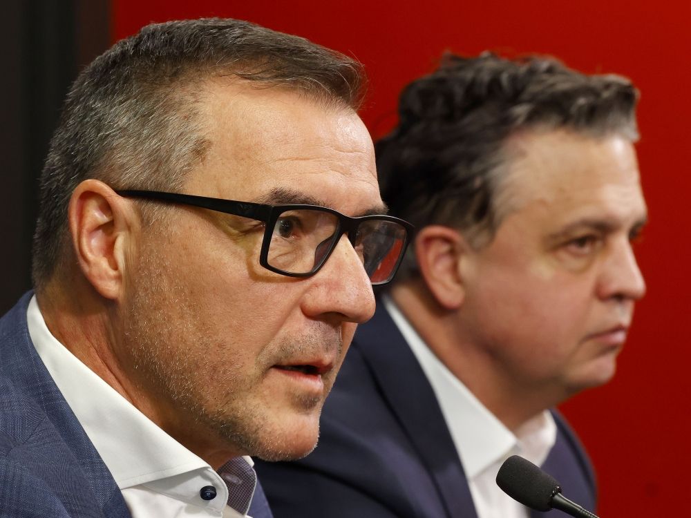 Steve Staios, president of hockey operations and general manager for the Ottawa Senators, and head coach Travis Green speak to the media at Canadian Tire Centre.