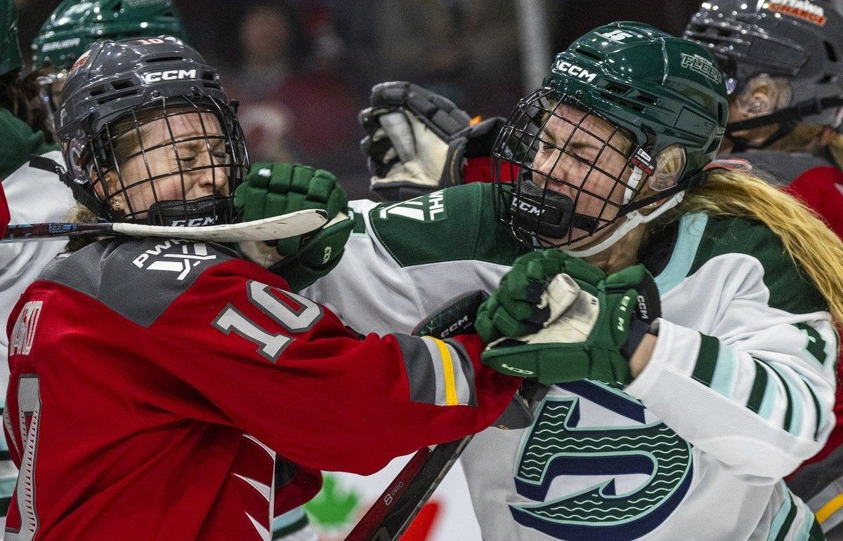 Two hockey players get into a scuffle.
