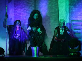 Posimi Sotunde as Third Witch (L), Sophie Mora as First Witch (UM), Dominic Gonsalves as Macbeth (LM), and Layla Costescu as Second Witch (R) during Holy Trinity's Cappies production of Macbeth held on April 17, 2026 at Holy Trinity High School