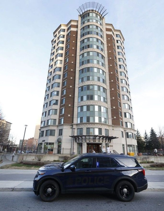  Ottawa police and paramedics were at the scene of 50 Laurier Ave. E on Monday evening. Police had the rear west side of the building taped off.