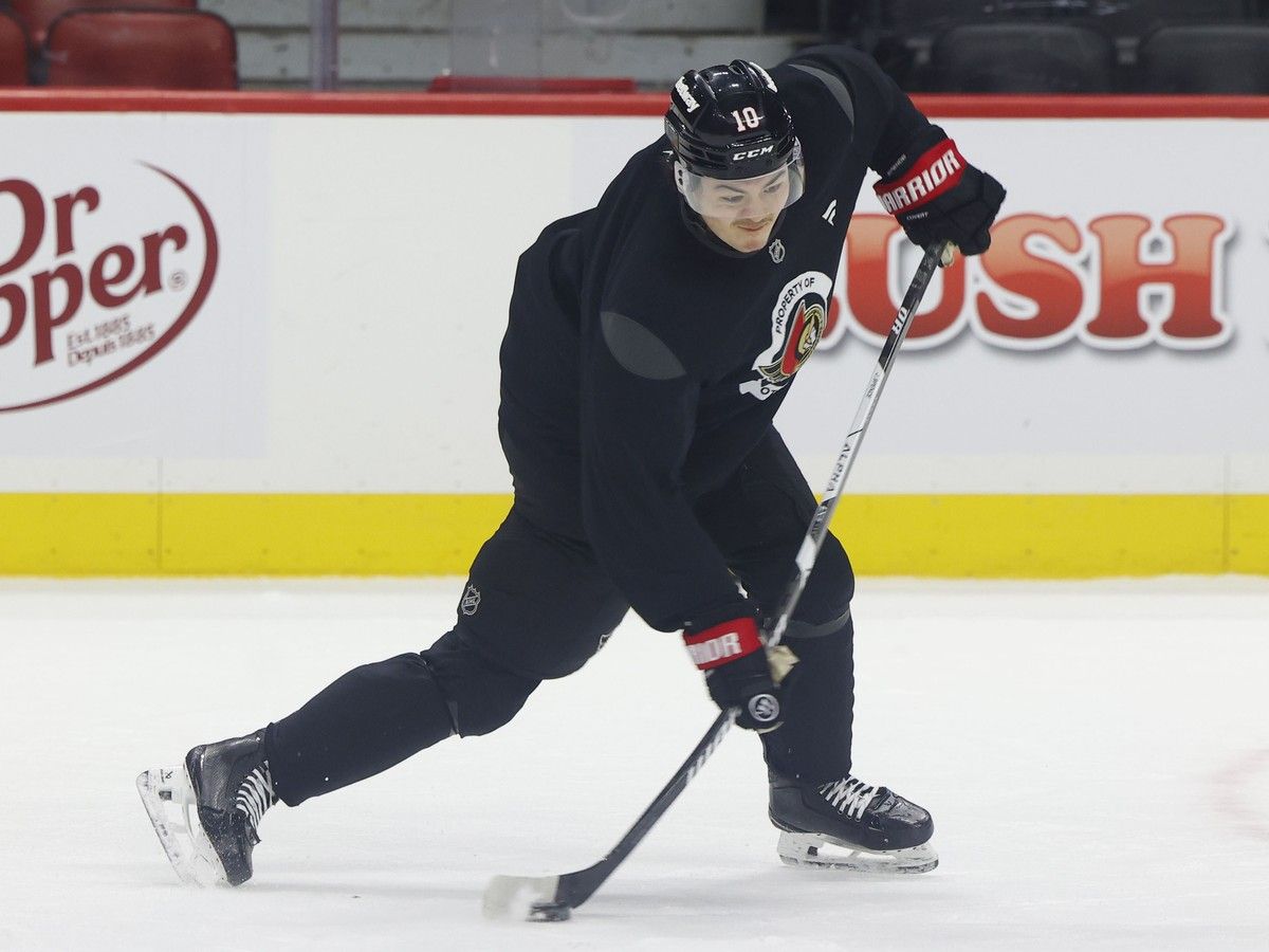 Ottawa Senators defenceman Jordan Spence fires a shot during practice