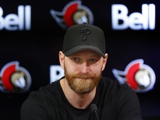 Ottawa Senator Claude Giroux talking to the media at the Canadian Tire Centre in Ottawa Monday.