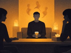 A medium holding a coffee to-go cup under abstact spirits while people look on from either side