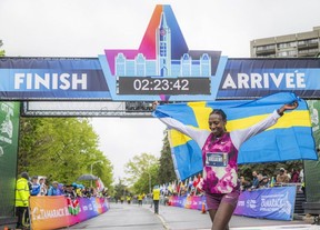 Abeba Aregawi was the first woman to cross the finish line in the Tamarack Homes Ottawa International Marathon.