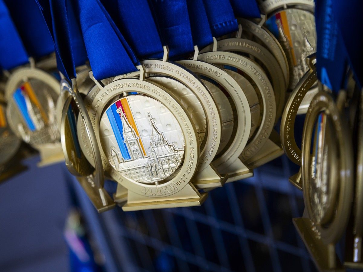  Marathon medals hung waiting to be placed around the finishers necks Sunday morning.
