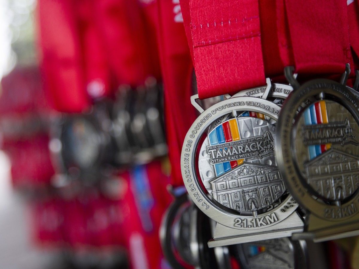  Half marathon medals hung waiting to be placed around the finishers necks Sunday morning.