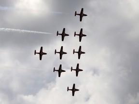 The Snowbirds fly past Parliament Hill on Canada Day in 2025.