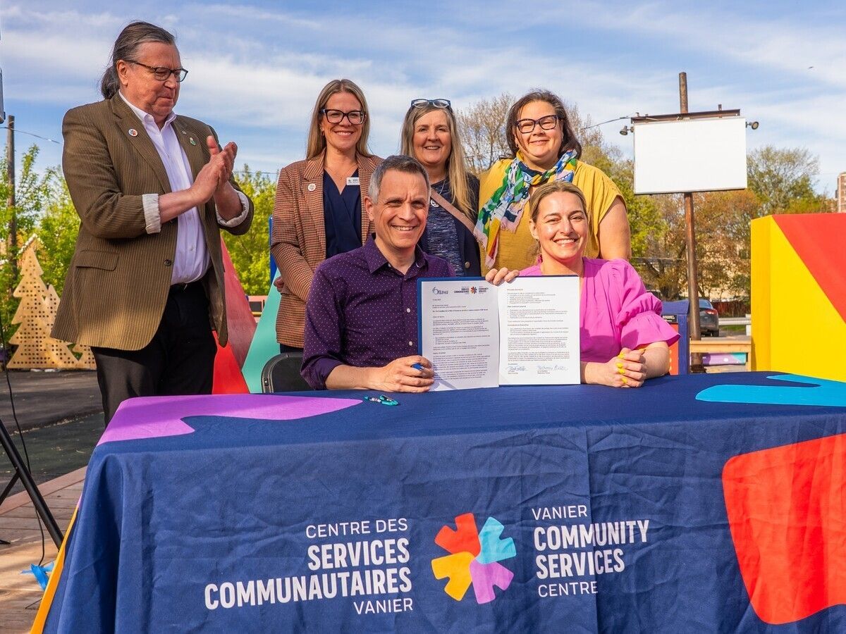  The agreement to move forward on the Vanier recreation centre was signed May 12. In attendance with Mayor Mark Sutcliffe, front left, and Rideau-Vanier Coun. Stéphanie Plante, front right, were, left to right, CSC Vanier Board Chair Michael McLellan, CSC Vanier Executive Director Andrée-Anne Martel, CSC Vanier Board Member Darlene Upton and Vanier BIA Executive Director Nathalie Carrier.