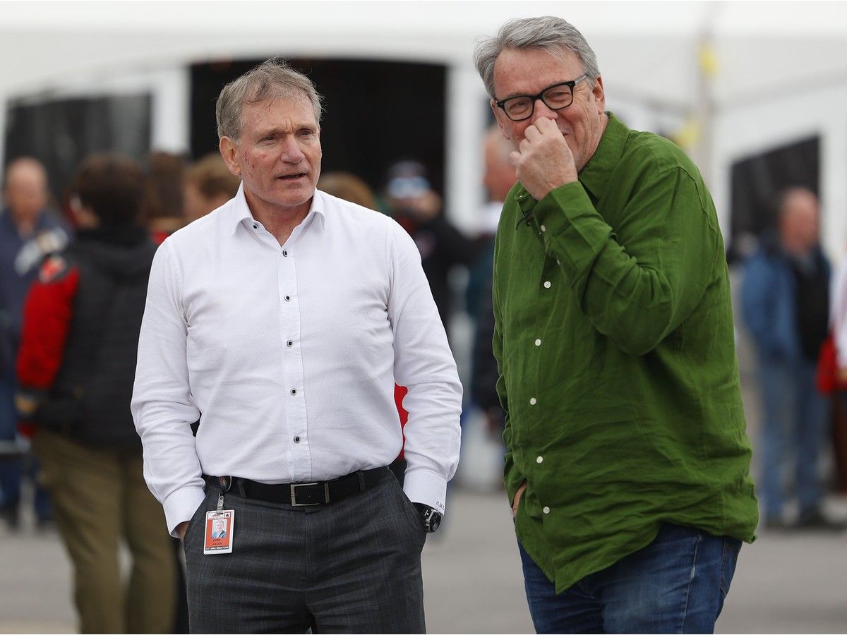  Cyril Leeder, left, president of the Ottawa Senators, gets a look at the fan scene outside the Canadian Tire Centre before Game 3 of the Ottawa Charge-Boston Fleet PWHL playoff series on Friday evening.