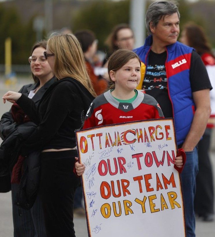  Ottawa Charge fans outside the Canadian Tire Centre in Ottawa before Game 3 of the PWHL playoffs against the Boston Fleet on Friday evening.