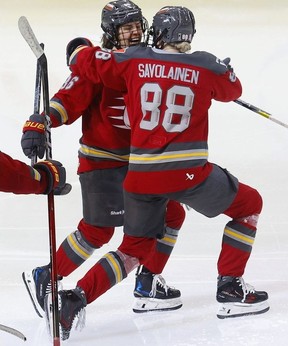 Michela Cava from the Ottawa Charge celebrates her double-overtime winning goal