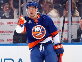 Mathew Barzal of the New York Islanders celebrates his second period goal against the Pittsburgh Penguins earlier this season.
