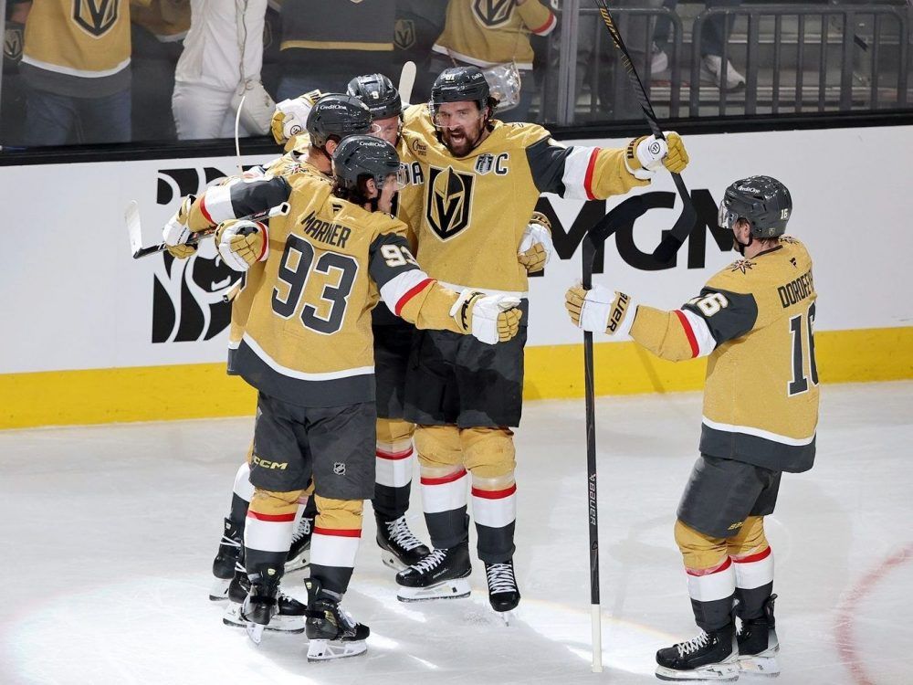 Mitch Marner of the Vegas Golden Knights is congratulated