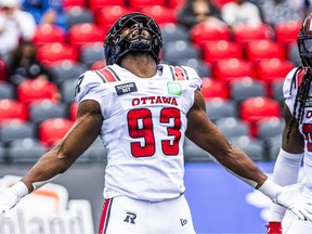 The Ottawa Redblacks' Aidan John reacts