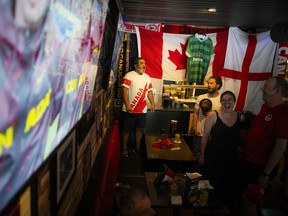 Canadian supporters gathered at Pubblico Eatery to cheer on Canada's men's national soccer team during its FIFA World Cup match against South Africa, Sunday, June 28, 2026.