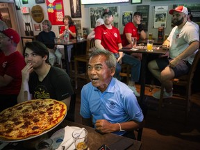 Canadian supporters, including Thom Panikorn, filled Pubblico Eatery to cheer on Canada's men's national soccer team during its FIFA World Cup match against South Africa, Sunday, June 28, 2026.