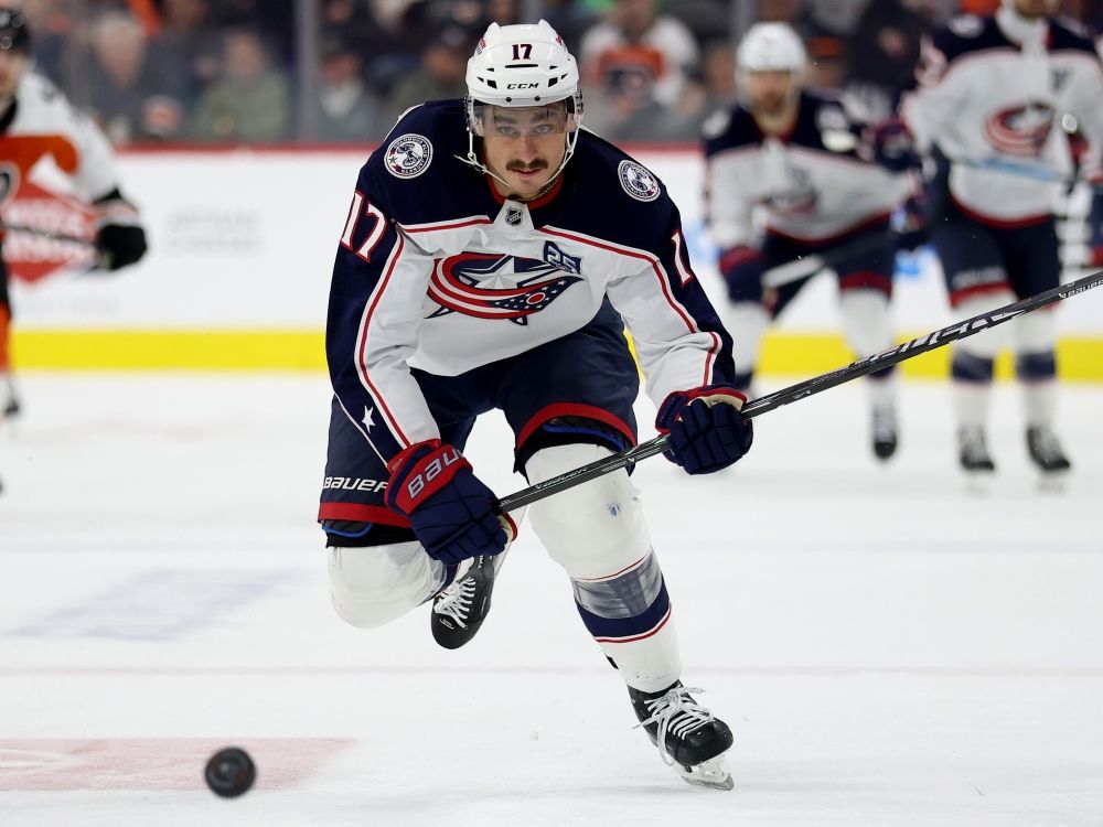 Mason Marchment of the Columbus Blue Jackets chases the puck during a game against the Philadelphia Flyers this past season.