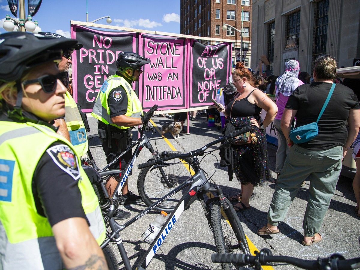  The 2025 Capital Pride parade was halted by a protest on Wellington Street near West Block on Parliament Hill.