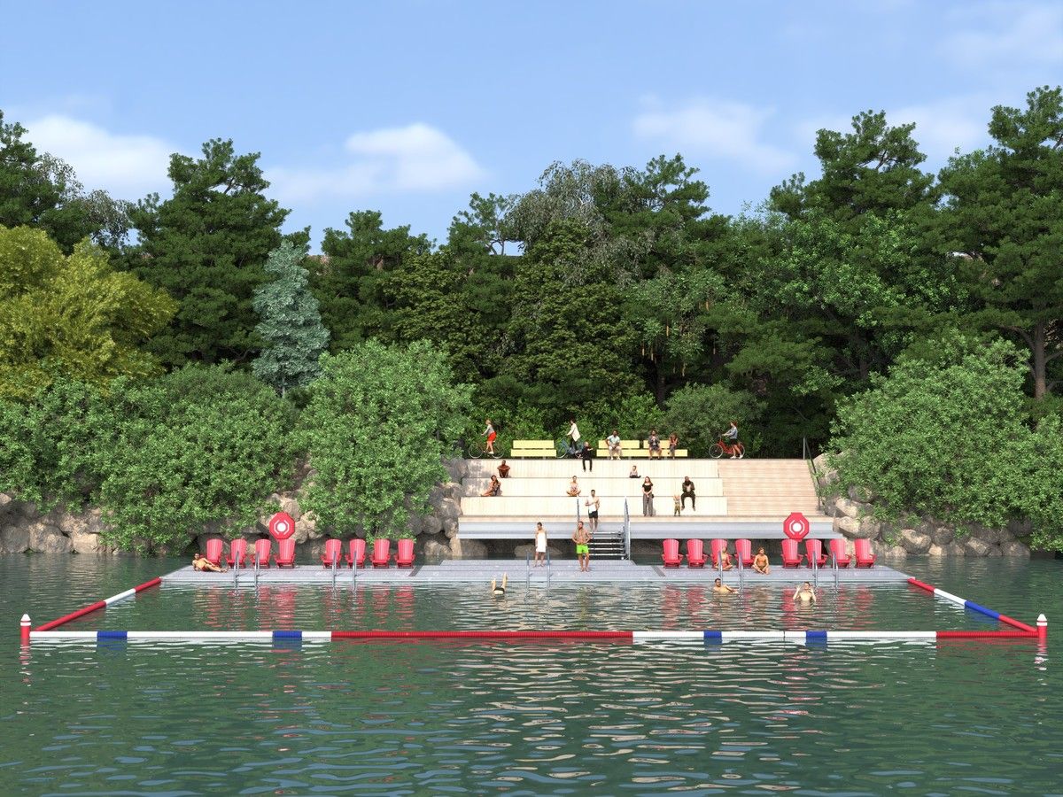  The NCC plans to open up two new swimming docks on the Ottawa River this summer. The one seen here in this rendering will be on the Ottawa side of the river at the East Wharf near the Rideau Canal Locks.