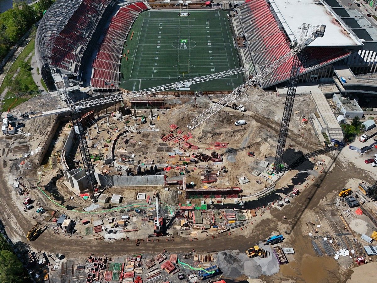 Construction at Lansdowne Park continued in late May 2026. A large construction pit beyond the east end zone at TD Place has become a familiar sight for fans this season. Construction at Lansdowne Park continued in late May 2026. A large construction pit beyond the east end zone at TD Place has become a familiar sight for fans this season.