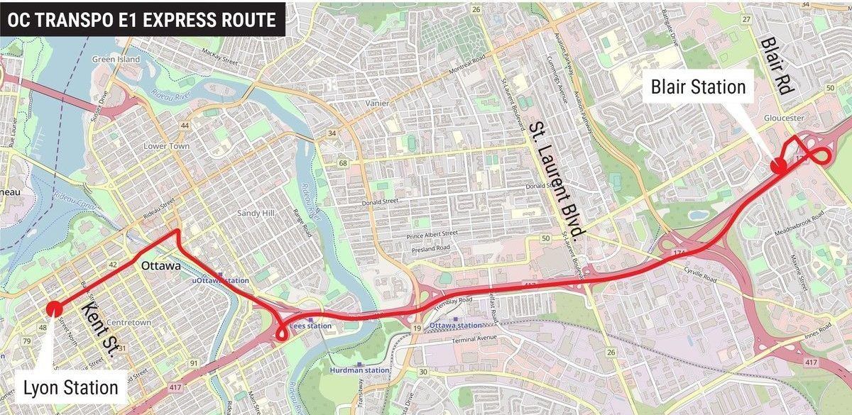 OC Transpo E1 Express route between downtown and Blair Station. OC Transpo E1 Express route between downtown and Blair Station.