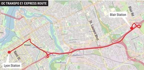 OC Transpo E1 Express route between downtown and Blair Station