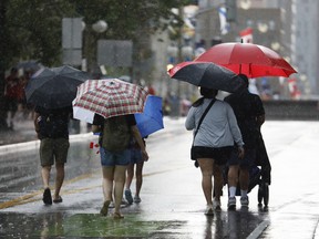 People took cover from the rain and thunderstorms during the Canada Day ceremonies, July 01, 2026.