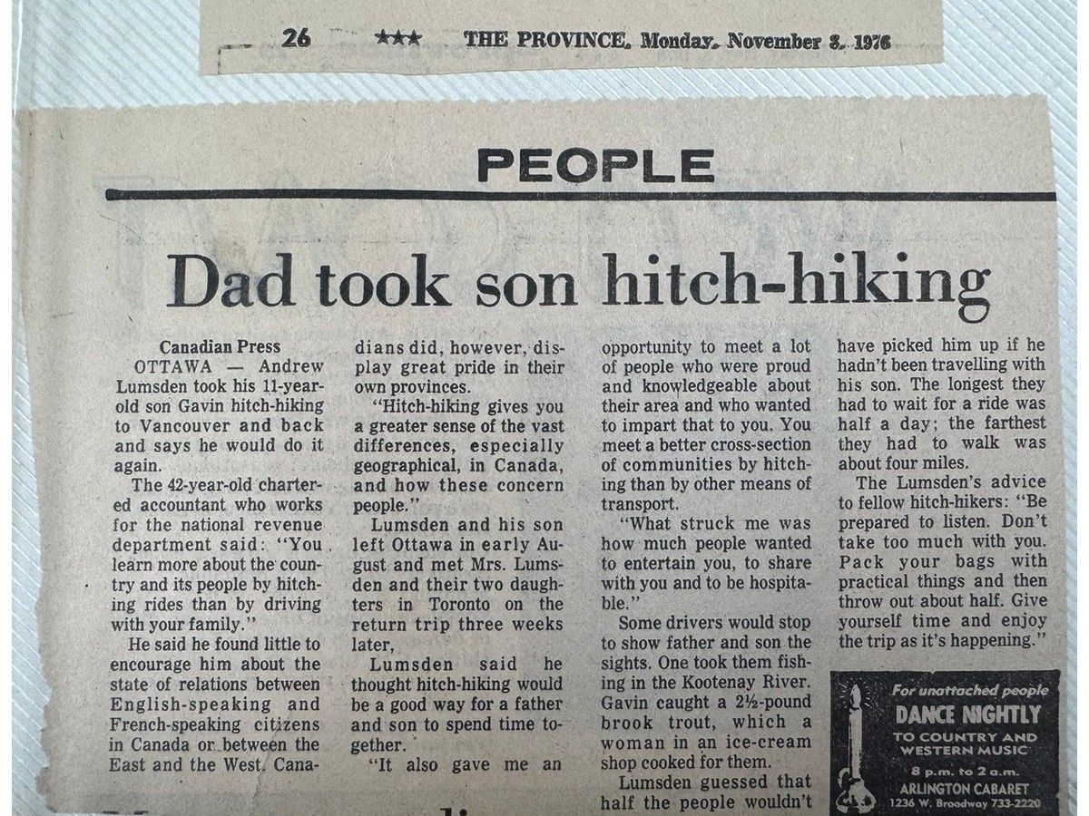 A story by The Canadian Press about the cross-country hitchhiking adventure by the Lumsdens as it appeared in Vancouver’s The Province in late 1976. A story by The Canadian Press about the cross-country hitchhiking adventure by the Lumsdens as it appeared in Vancouver’s The Province in late 1976.