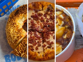 A triplet showing part of a bagel, pizza and poutine