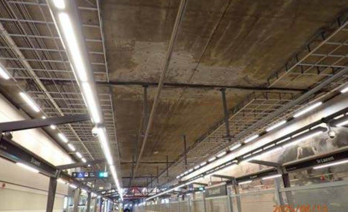 An image from an engineering report showing corrosion and deteriorating concrete at the St. Laurent LRT Station. An image from an engineering report showing corrosion and deteriorating concrete at the St. Laurent LRT Station.