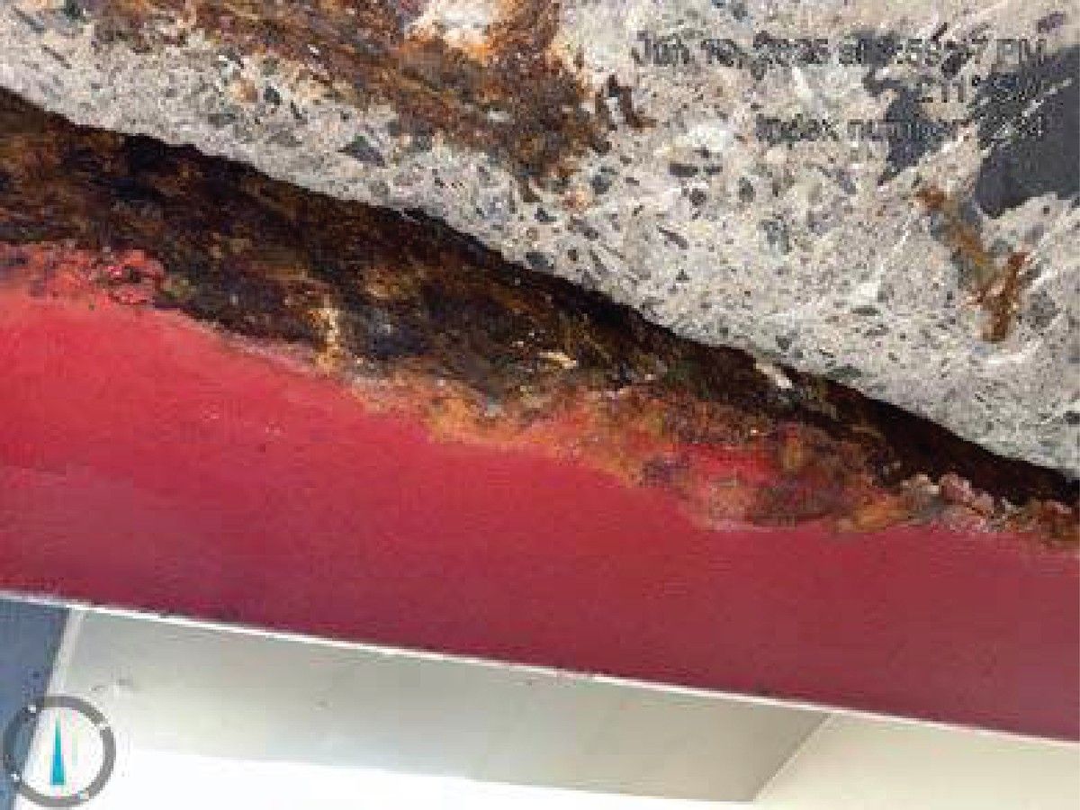 An image from an engineering report showing corrosion and deteriorating concrete at the St. Laurent LRT Station. An image from an engineering report showing corrosion and deteriorating concrete at the St. Laurent LRT Station.