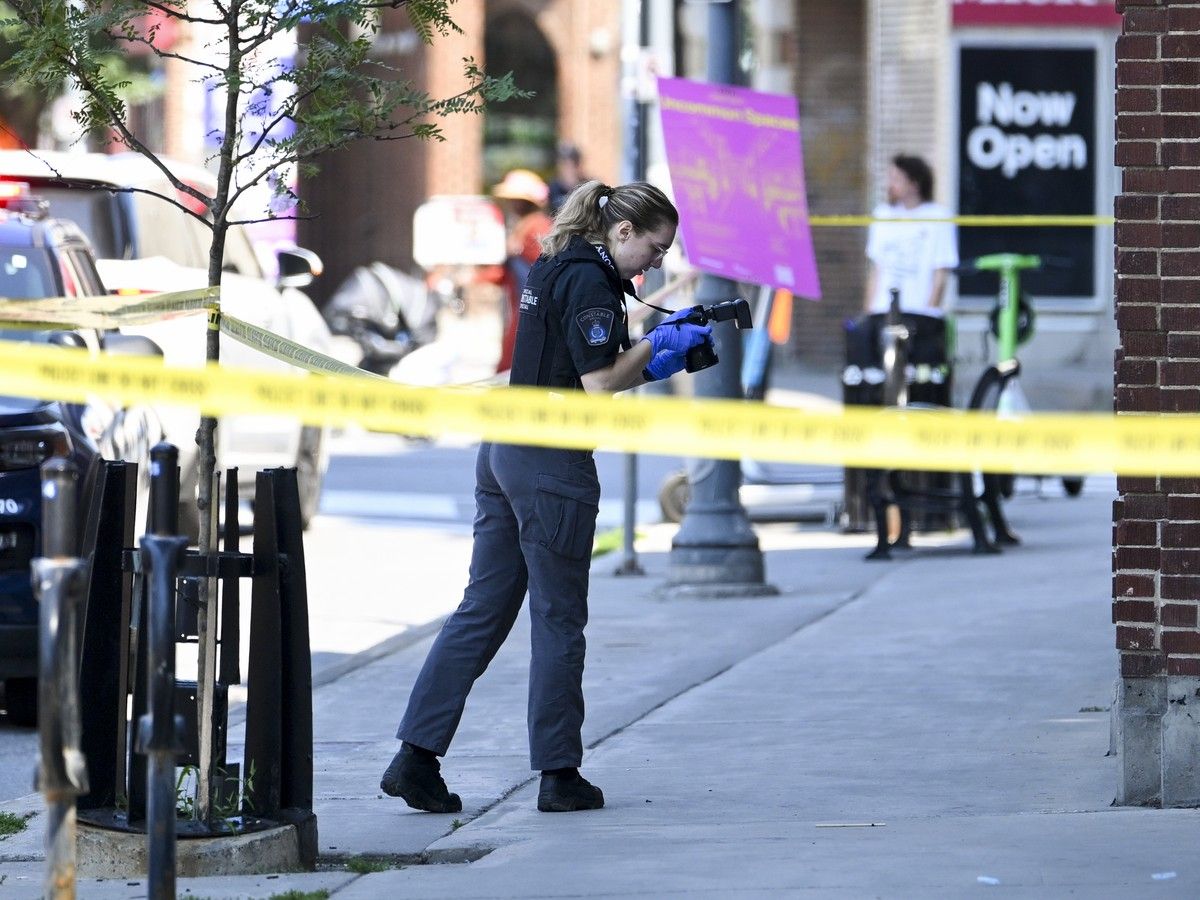 An officer from the Ottawa Police Service (OPS) investigates the scene of a stabbing in Centretown on Tuesday, Aug. 4, 2026. An officer from the Ottawa Police Service (OPS) investigates the scene of a stabbing in Centretown on Tuesday, Aug. 4, 2026.