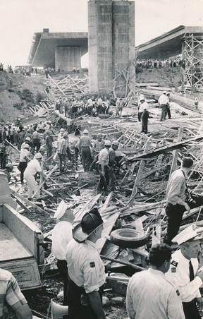 Rescue efforts at the Heron Road Bridge collapse, Aug. 10, 1966.