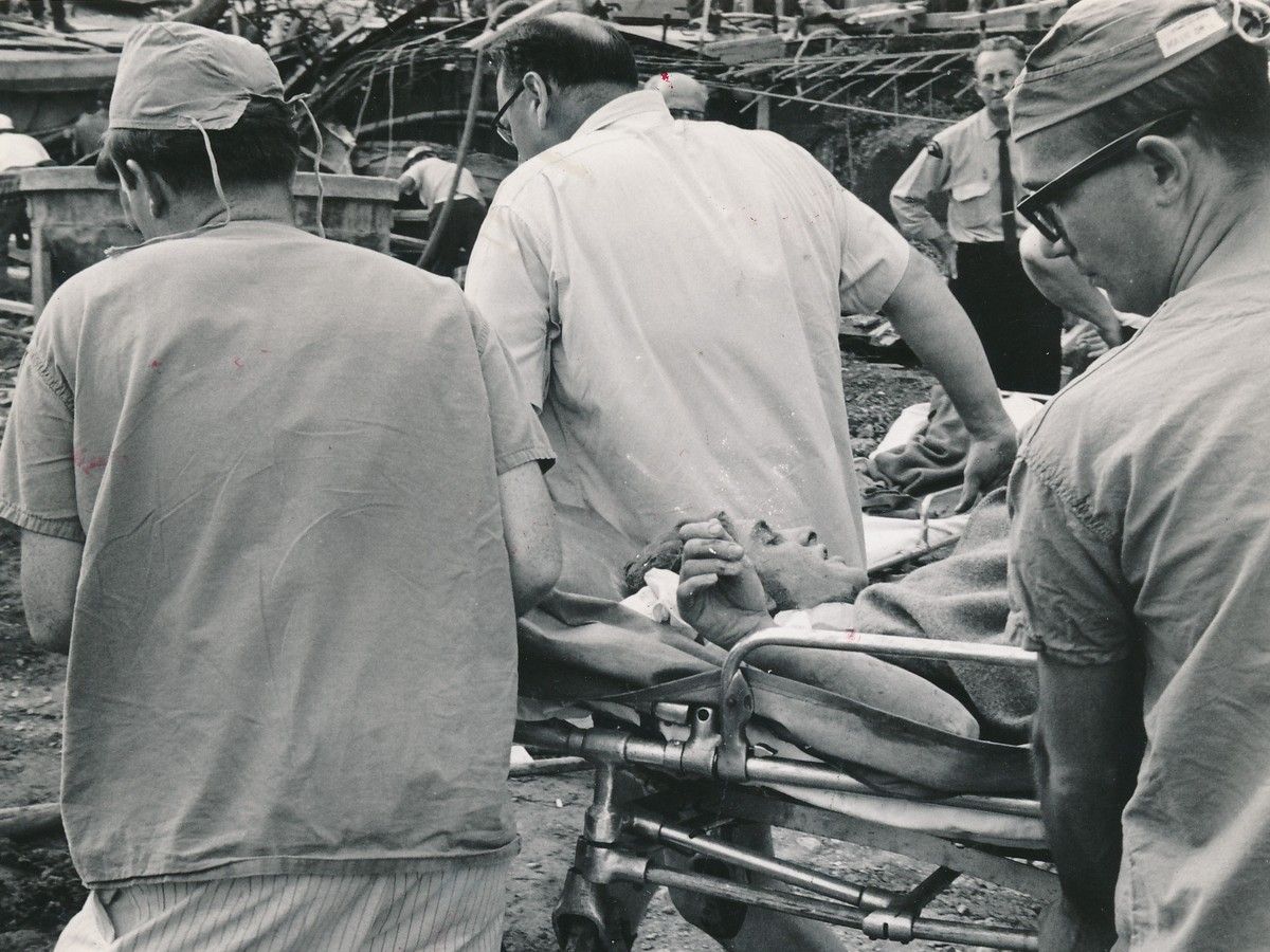 Rescue effort at the Heron Road Bridge collapse, Aug. 10, 1966.