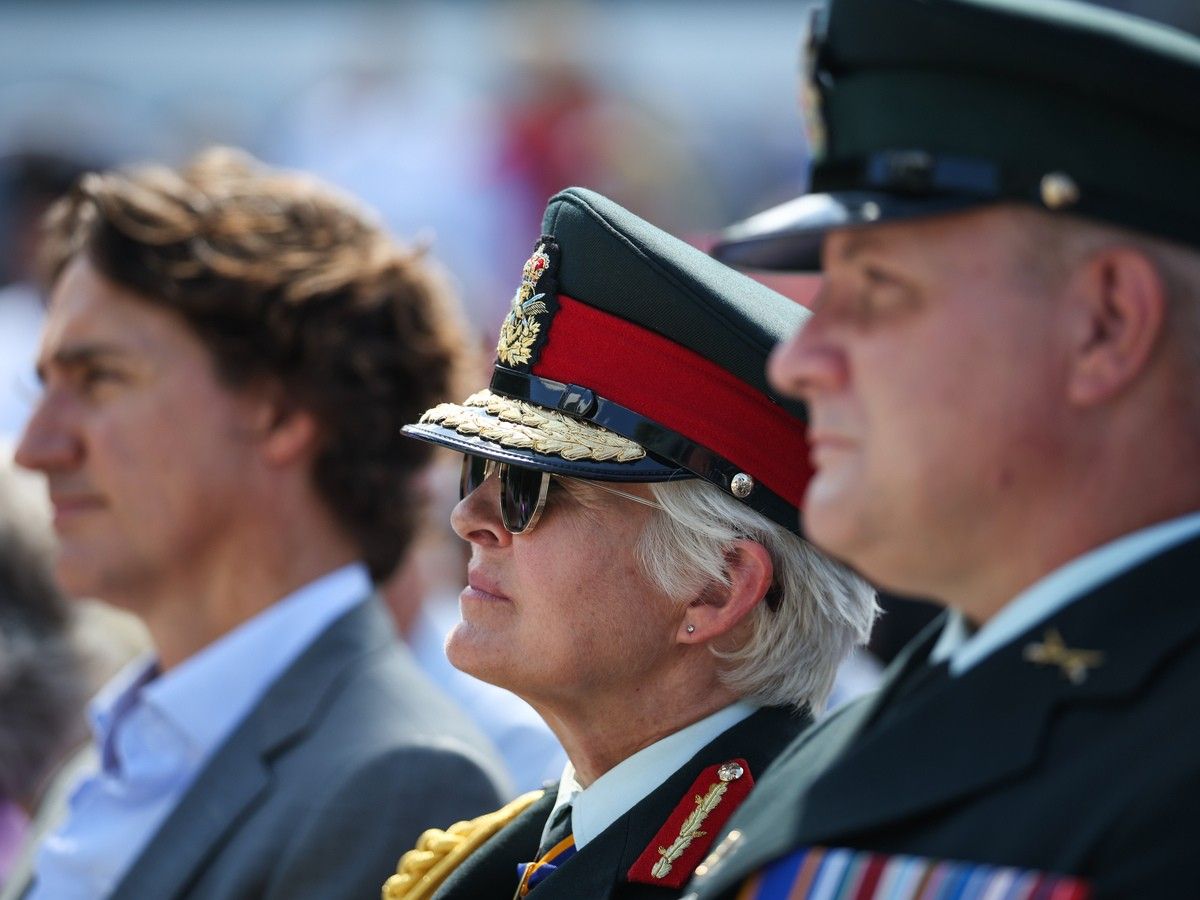 Jennie Carignan, Chief of the Defence Staff for the Canadian Armed Forces, middle, attends the opening ceremony of the national 2SLBGTQI+ monument known as Thunderhead in Ottawa on Friday, Aug. 21. Jennie Carignan, Chief of the Defence Staff for the Canadian Armed Forces, middle, attends the opening ceremony of the national 2SLBGTQI+ monument known as Thunderhead in Ottawa on Friday, Aug. 21.