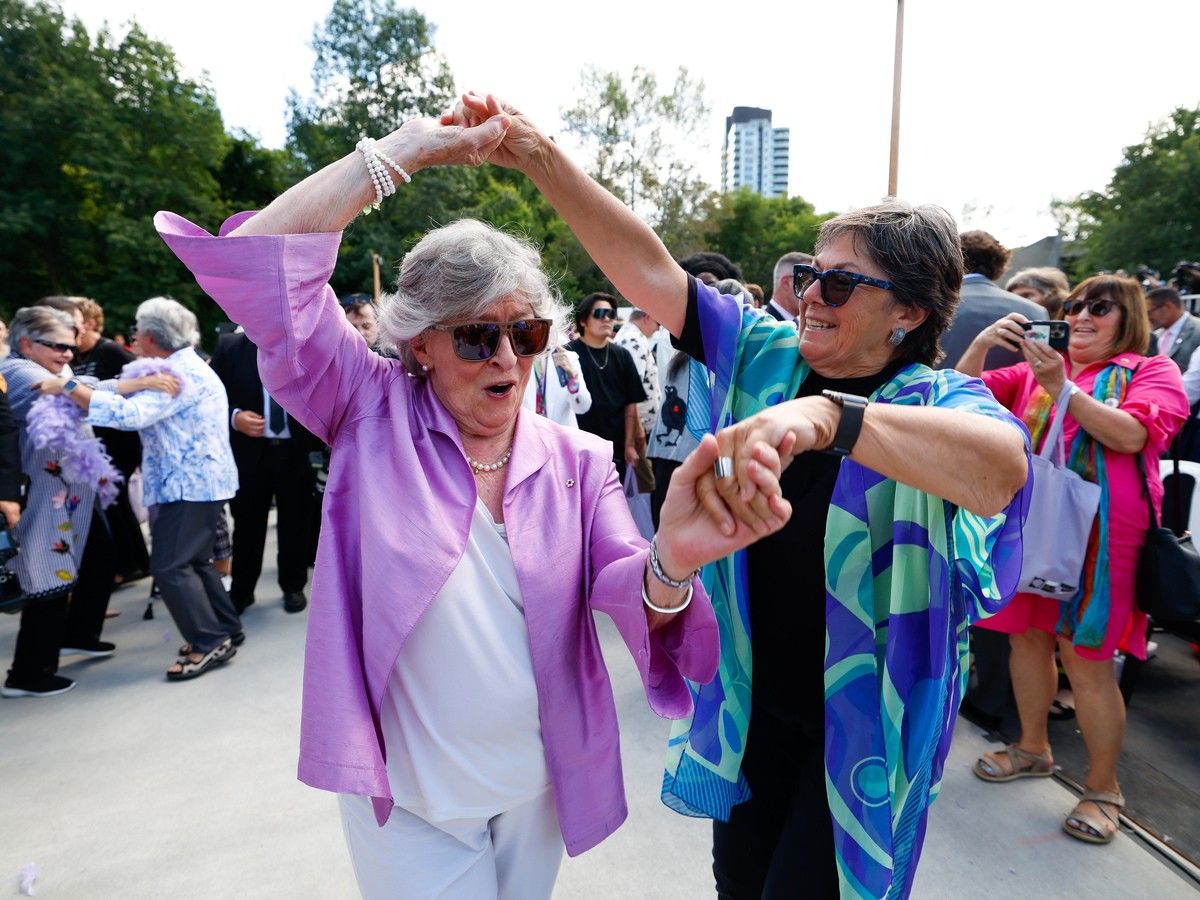 Gov.-Gen. Louise Arbour, left, and Senator Kim Pate dance at the end of the opening ceremony of the national 2SLBGTQI+ monument known as Thunderhead. Gov.-Gen. Louise Arbour, left, and Senator Kim Pate dance at the end of the opening ceremony of the national 2SLBGTQI+ monument known as Thunderhead.